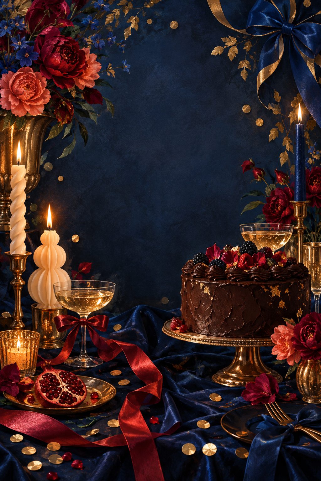 A dark chocolate cake with berries, candles and jewel-toned flowers on navy velvet