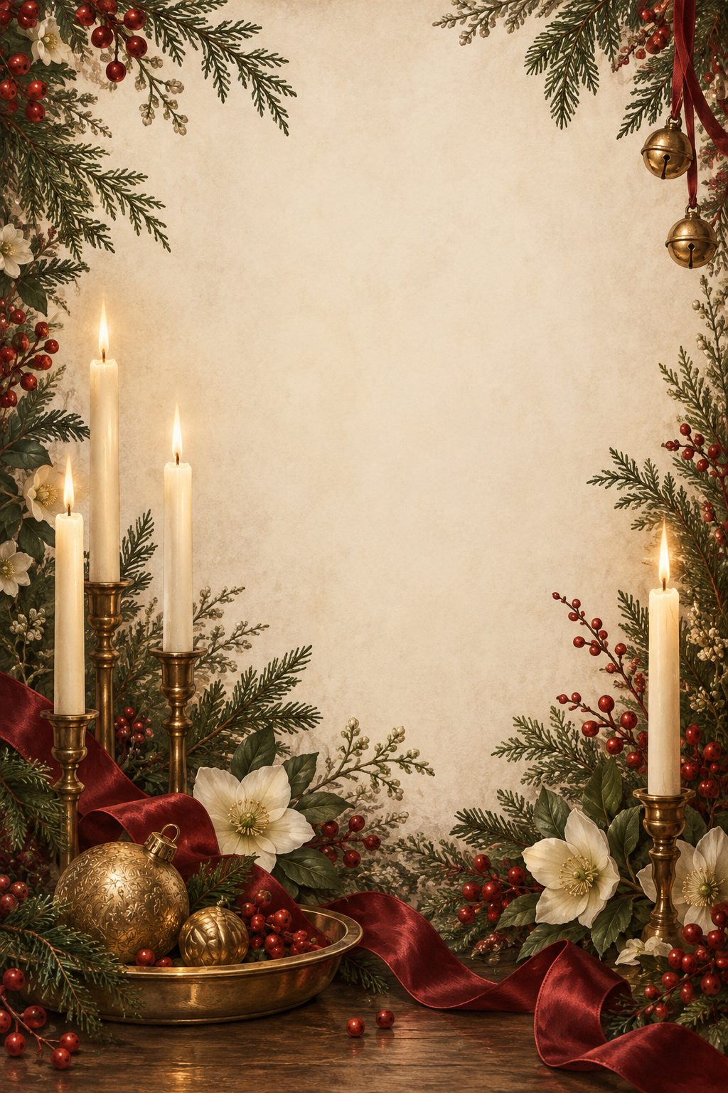 Ivory candles in brass holders among pine, berries and hellebores