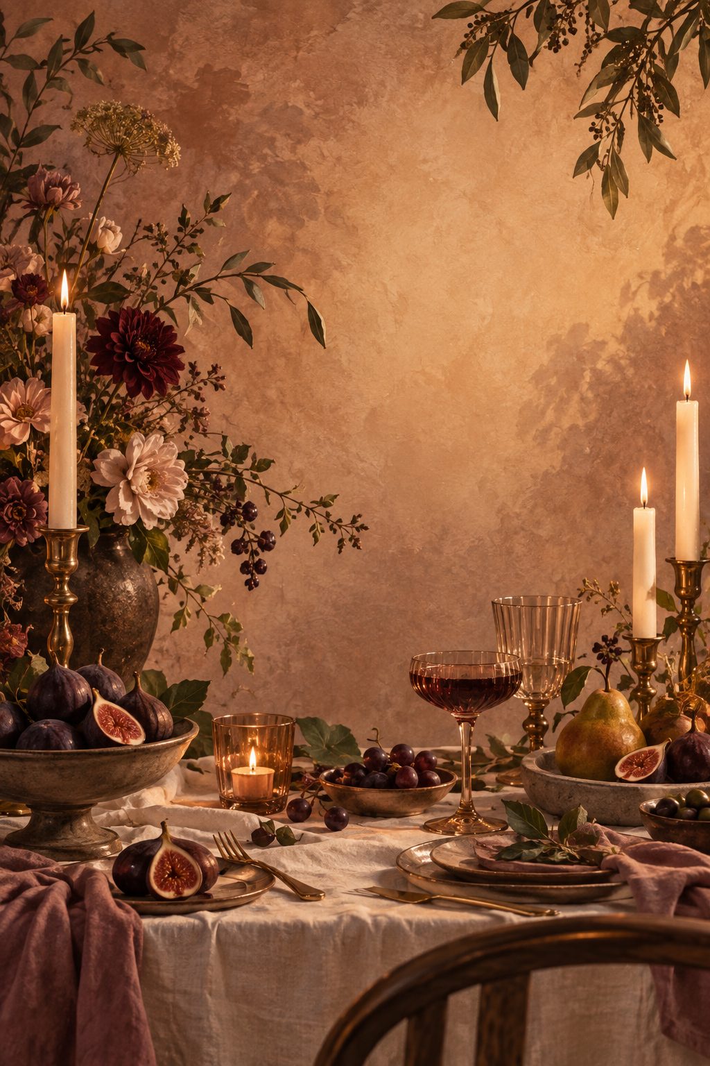 A candlelit linen table set with figs, pears, grapes and garden flowers