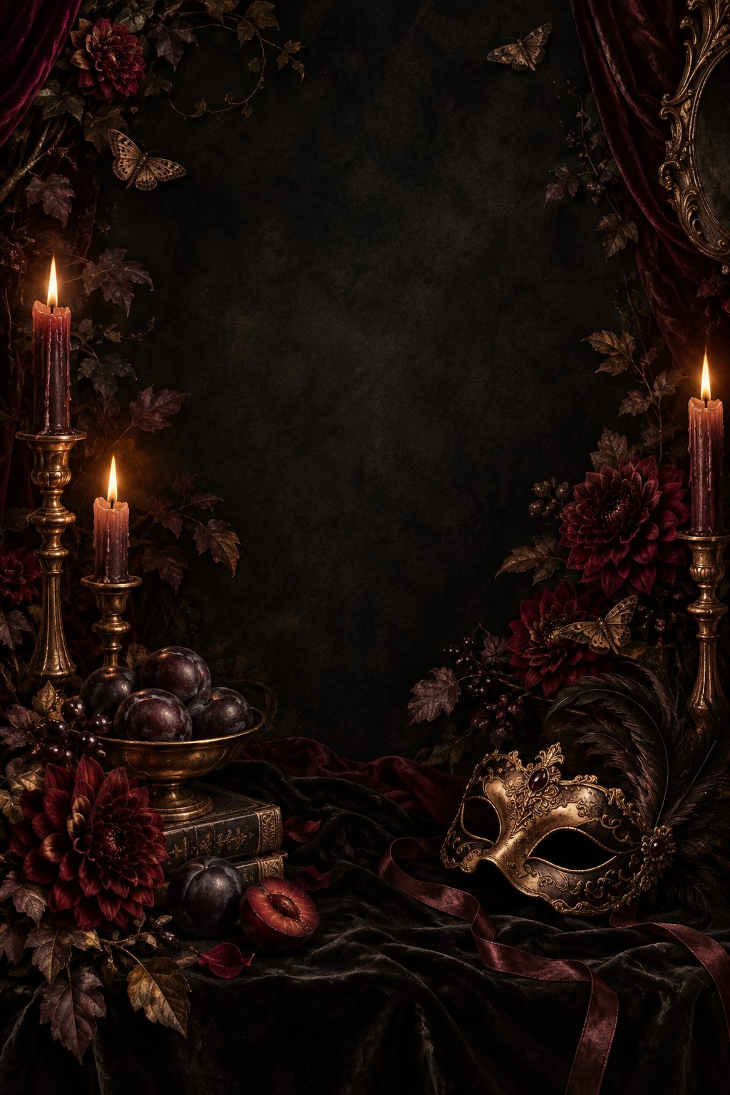 Candlelit dahlias, plums and a gilded masquerade mask on black velvet