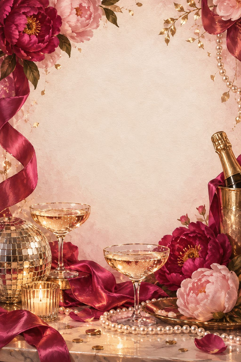 Champagne coupes, pearls, peonies and a mirrored ball on marble