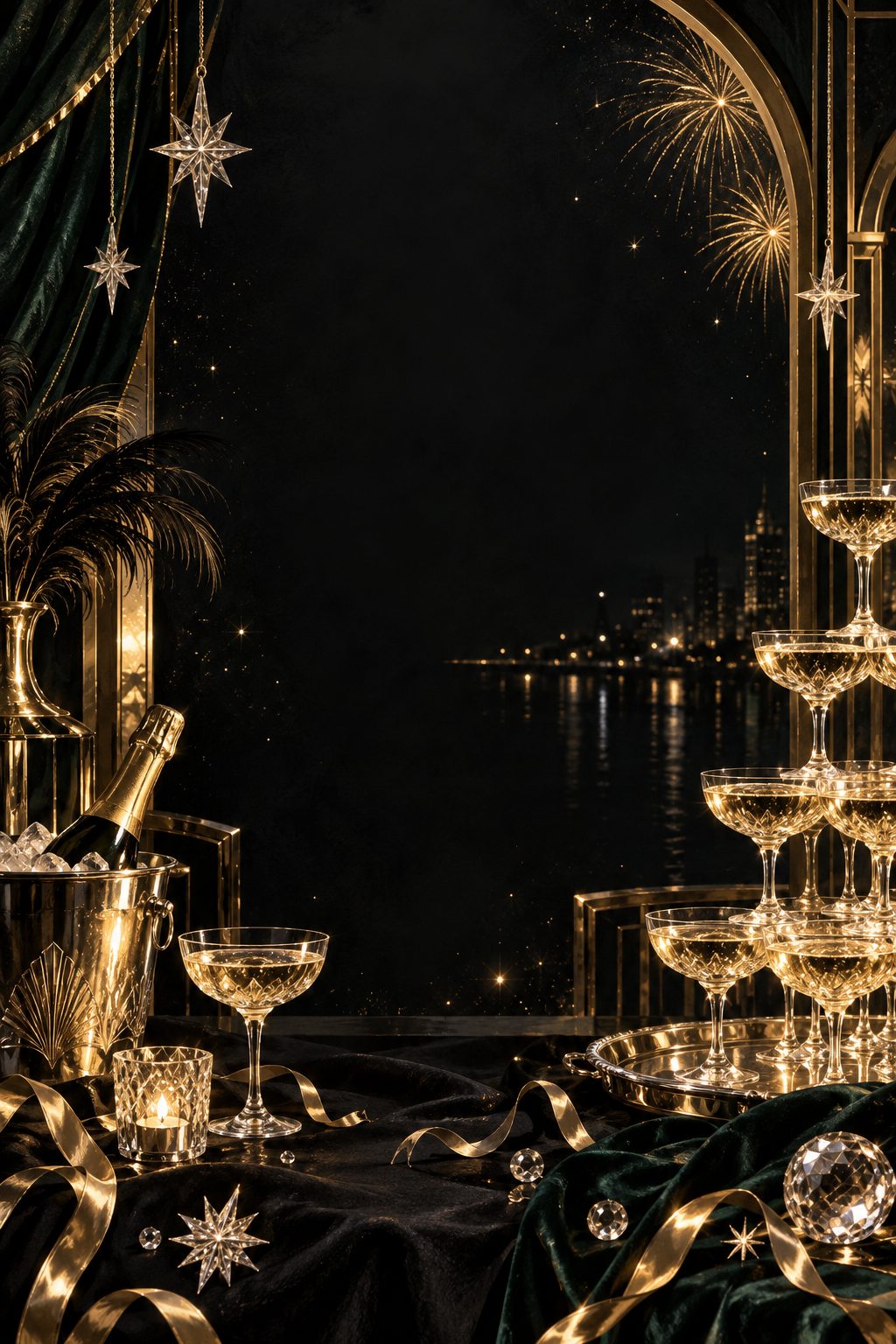 An Art Deco champagne tower in gold light above a harbour at night