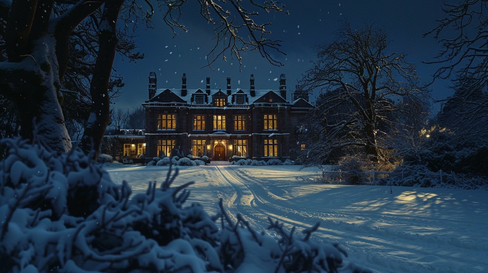 A snowbound manor house at night, lit from within, snow falling across the drive