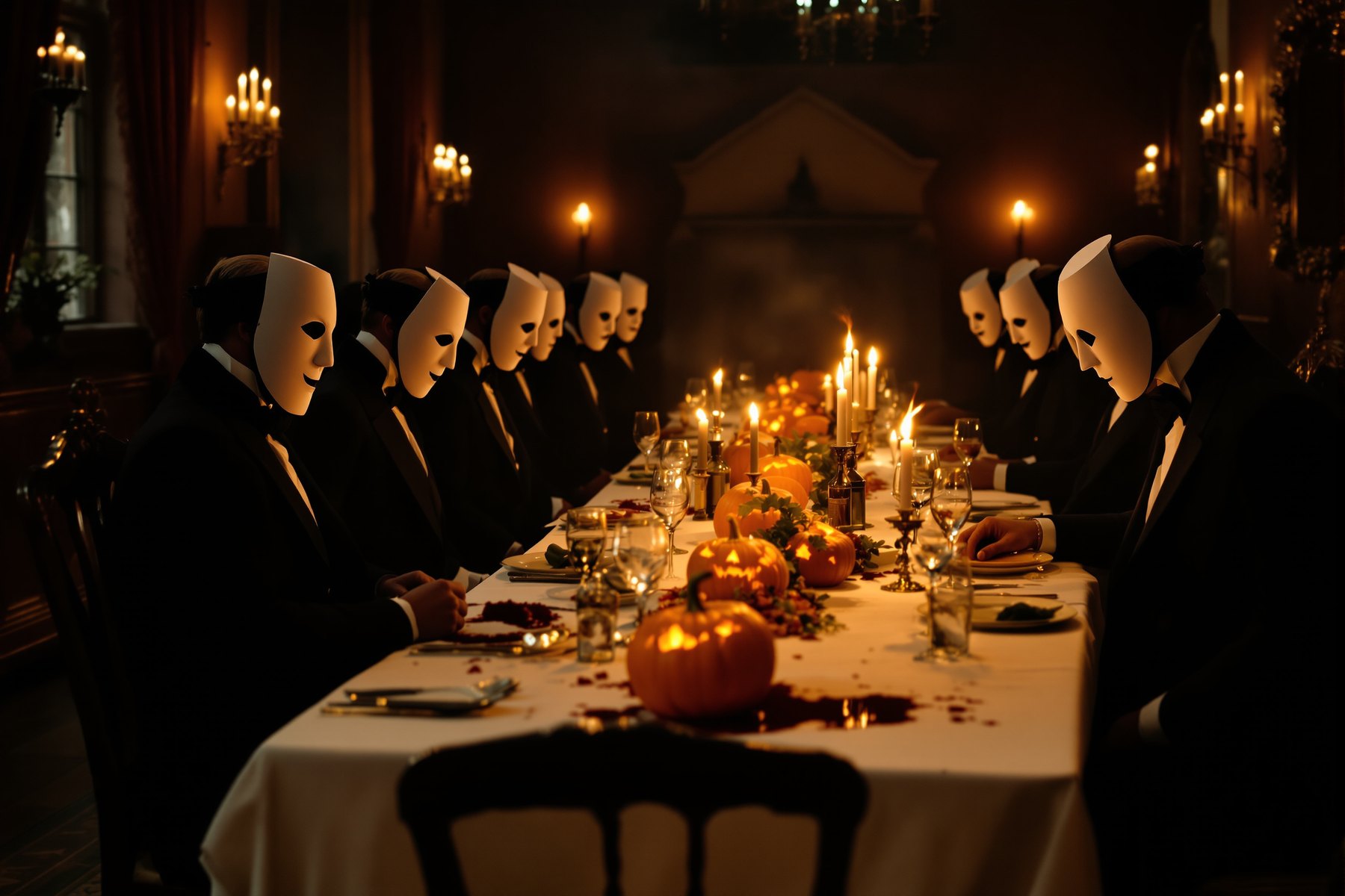 A long candlelit dinner table on Halloween night, the guests in evening dress and pale masks, carved pumpkins burning between the decanters