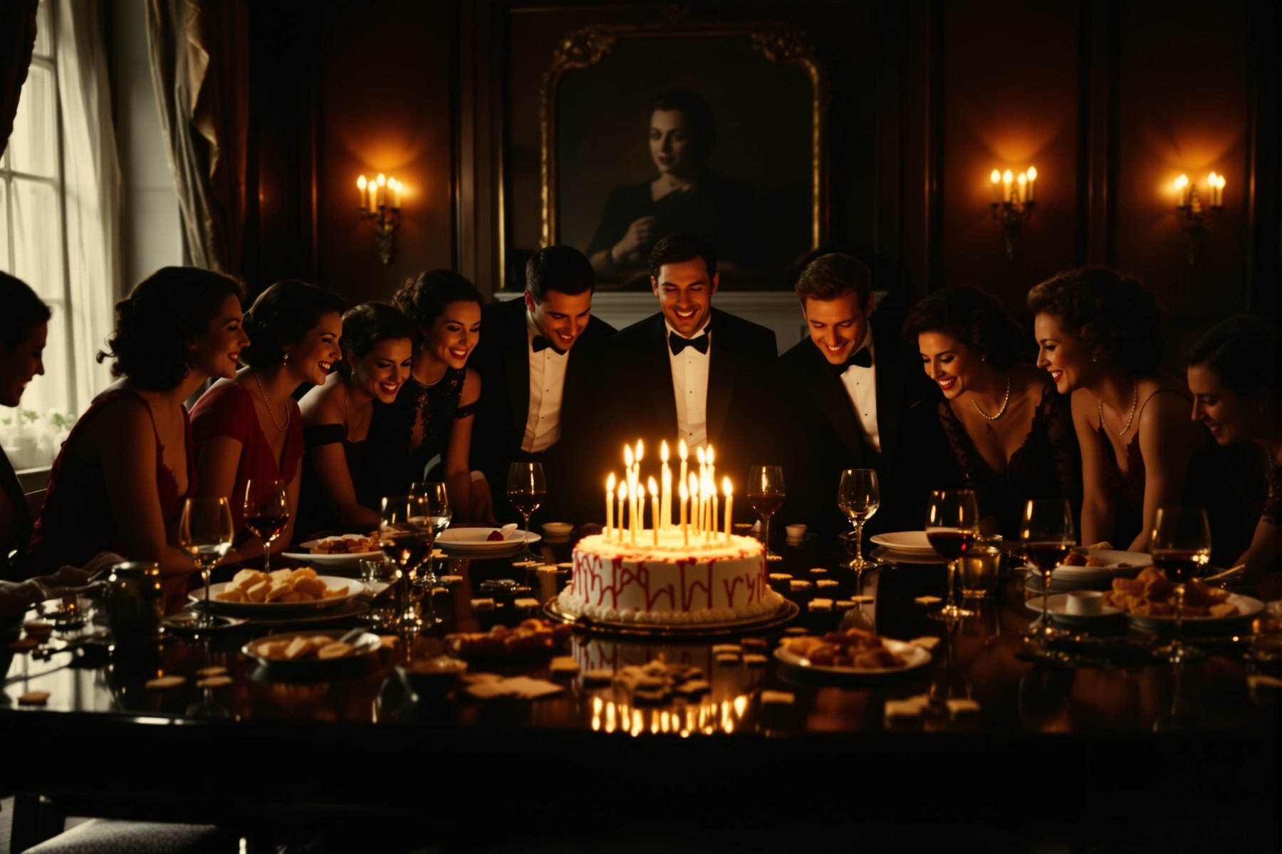 A birthday dinner party in a panelled dining room, the cake carried in and every face lit by its candles