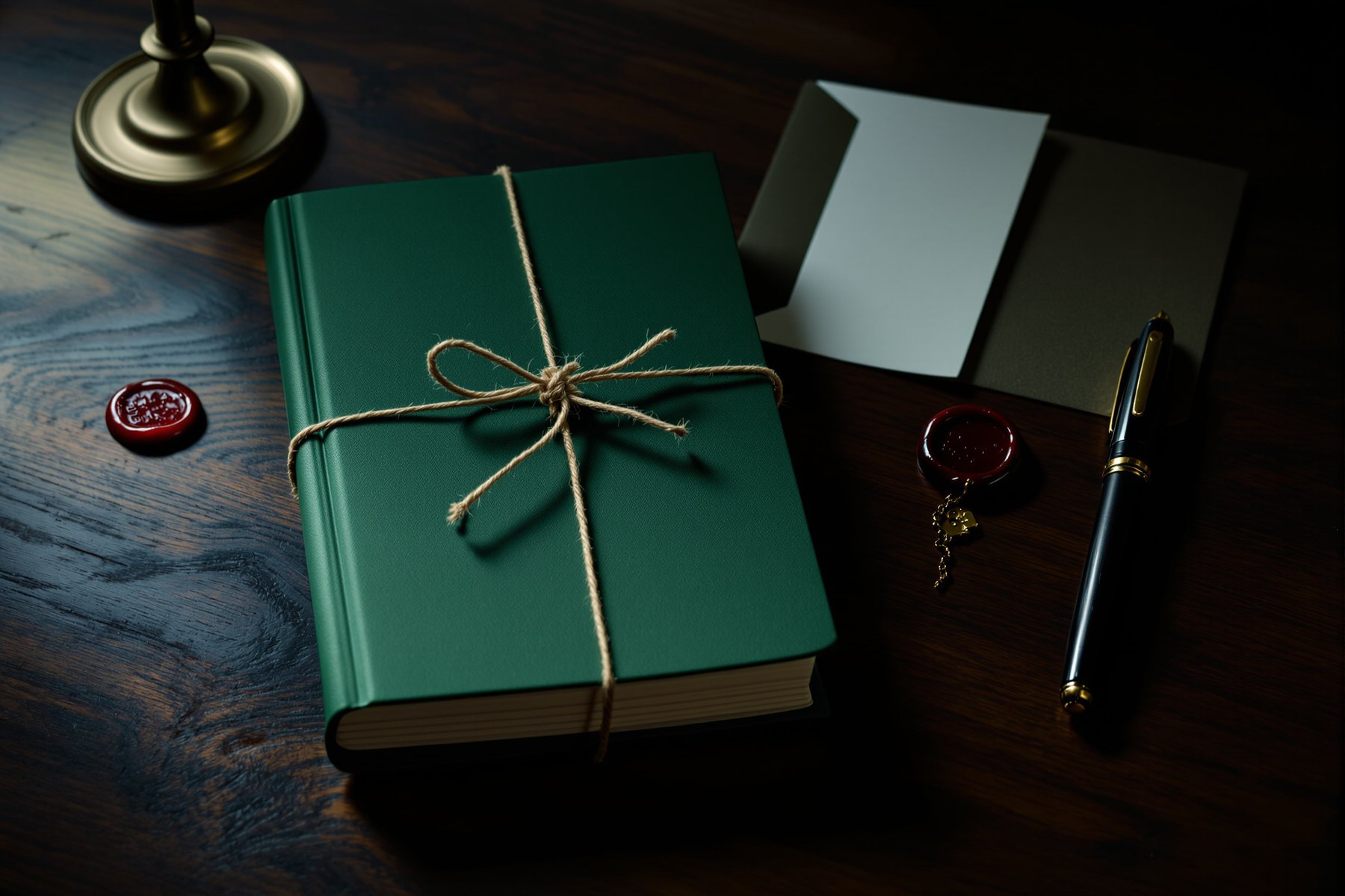 A thick booklet with a plain green cover tied in string on a dark desk, beside sealing wax, a brass seal and a folded card