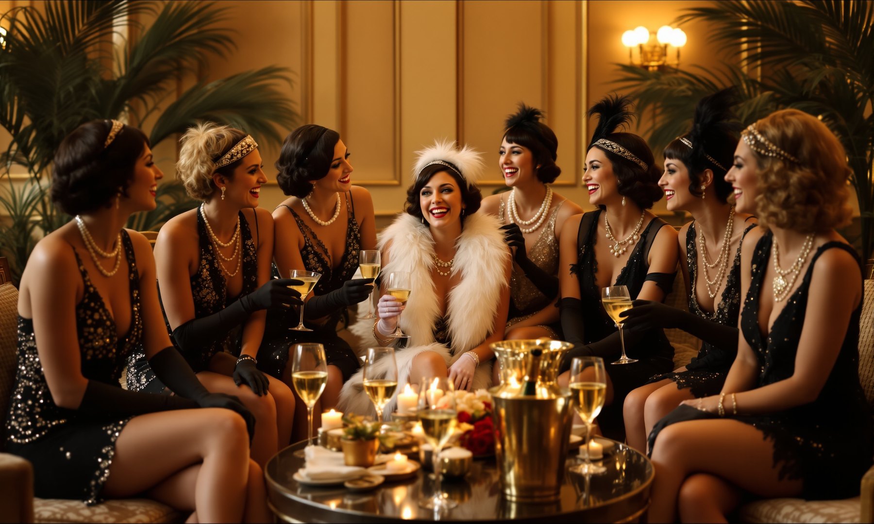 A 1920s hen party in a hotel salon, the group in beaded dresses and feathers, laughing over cocktails