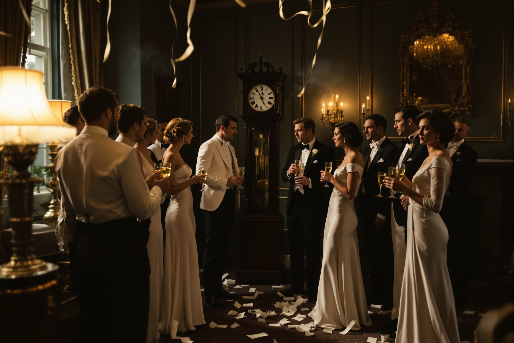 A black tie New Year's Eve party in a country house drawing room, streamers on the floor and the case clock near midnight