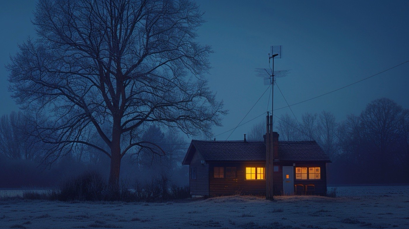 A lone wartime hut on a frosted field at dusk, one window lit and an aerial overhead