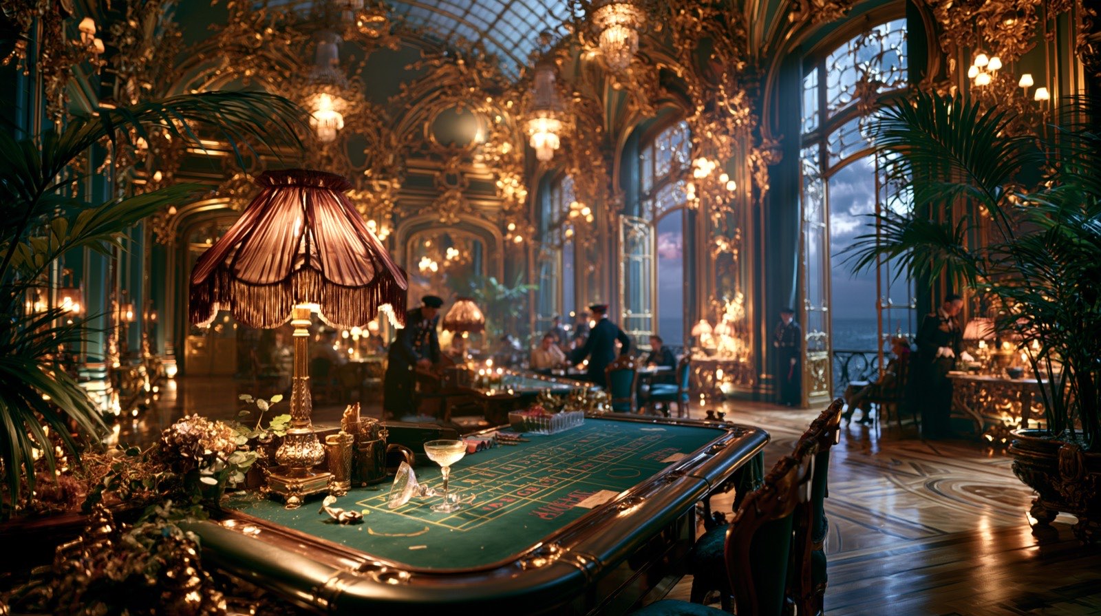 A gilded hotel salon at night, lamps lit over a green baize table and one glass of champagne